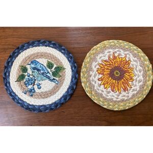 Set of 2 Round Braided Jute Trivets Blue Green Farmhouse Woven Hot Pads 10 Inch